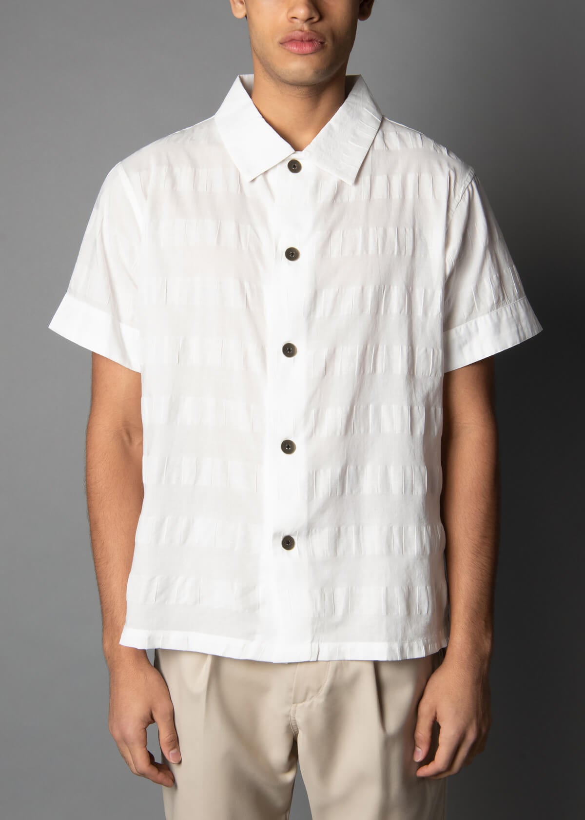 white short sleeve mens shirt crafted from cotton and linen