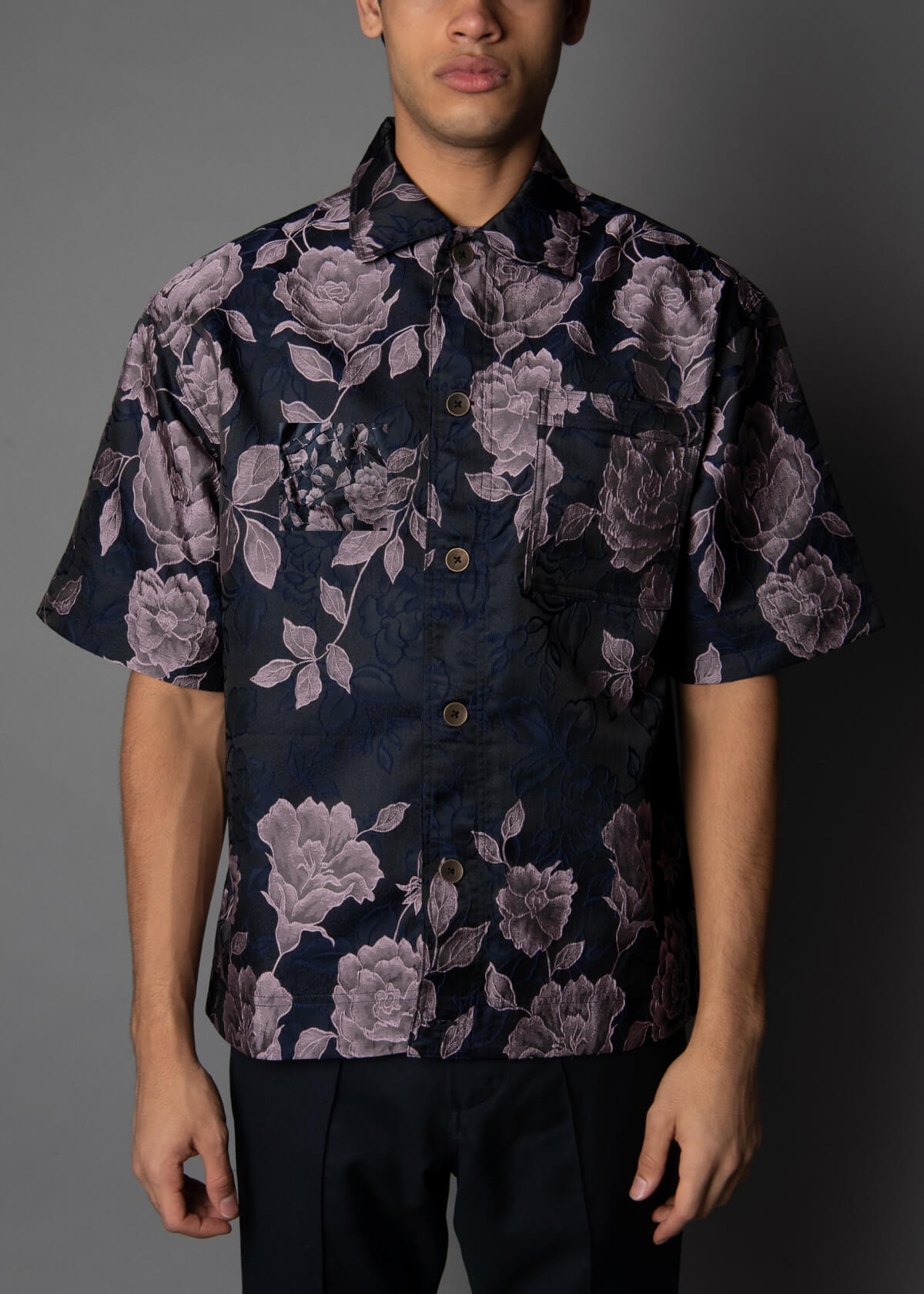 navy short sleeve mens shirt in brocade with floral pattern